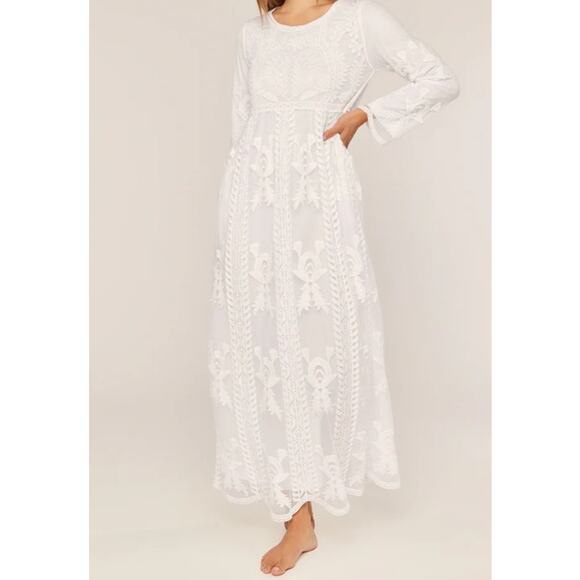 White Lace Maxi Dress S Boho Romantic Bridal Overlay Cottage Temple Orange Creek - Picture 13 of 14